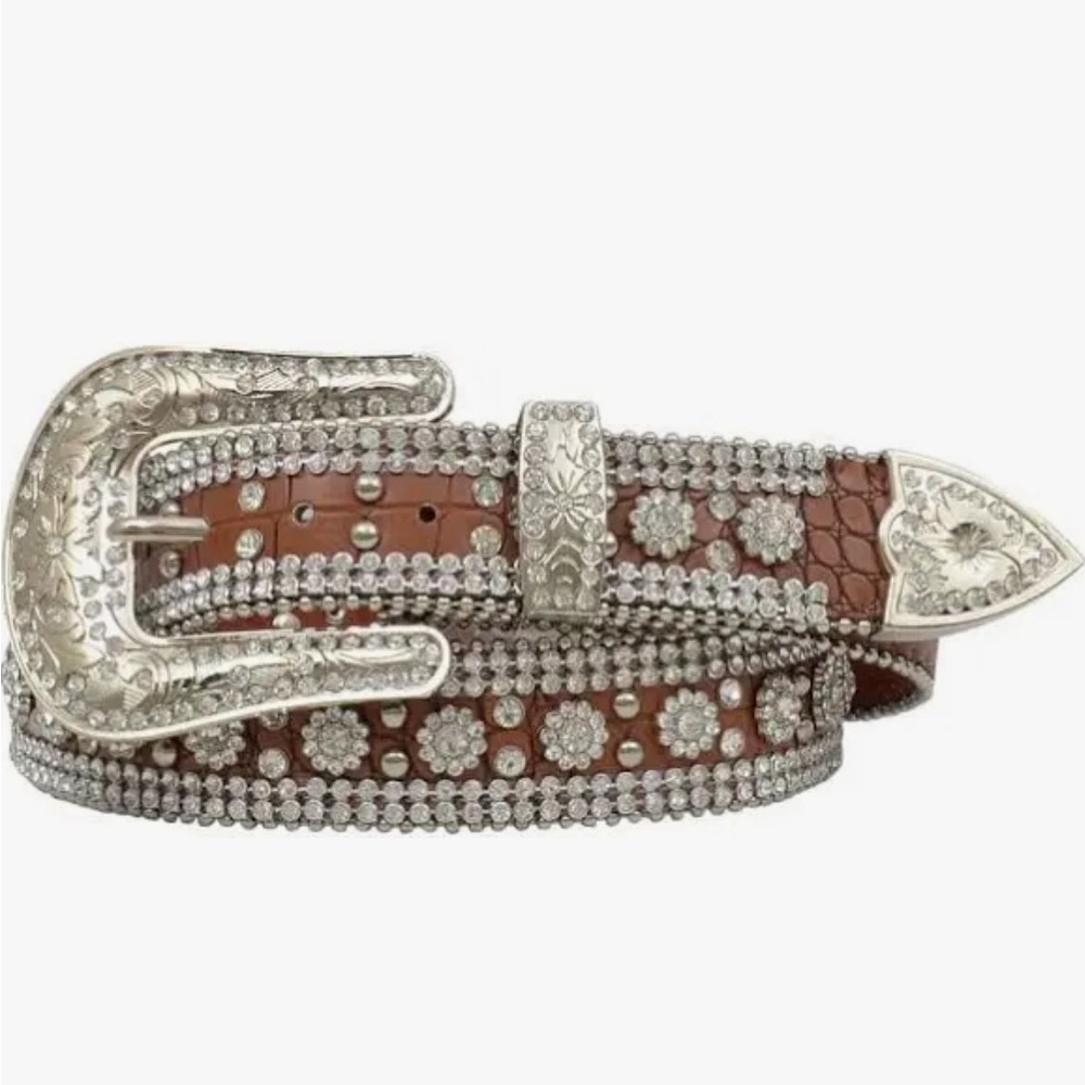 Brown Leather Belt with Sparkling Silver Rhinestones